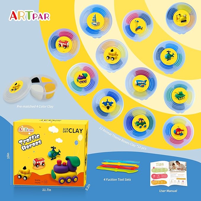 ARTPAR Kids Air Dry Clay Ocean and Transportation Set Combo, 12 Boxes of Modeling Magic Clay with Easy Tutorial Sculpting Tools, Soft & Non-Sticky, Classroom Prizes Birthday Party Gifts for Boys Girls