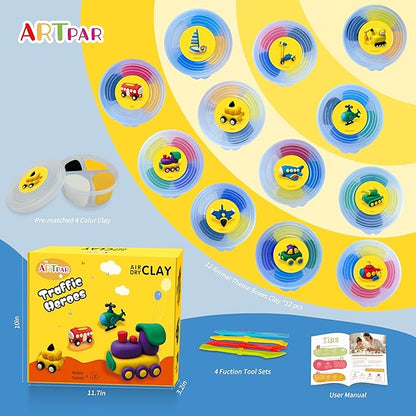 ARTPAR Kids Air Dry Clay Ocean and Transportation Set Combo, 12 Boxes of Modeling Magic Clay with Easy Tutorial Sculpting Tools, Soft & Non-Sticky, Classroom Prizes Birthday Party Gifts for Boys Girls