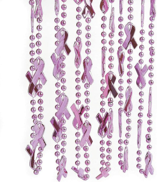 Pink Ribbon Breast Cancer Awareness Beaded Necklaces (24 pack) Bulk Mardi Gras Beads
