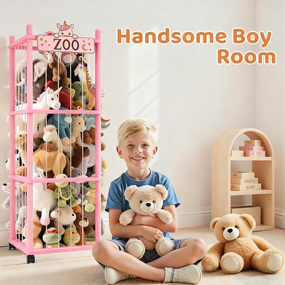 Stuffed Animal Storage Zoo Tower,56In Wooden Large Stuffed Animal Holder Organizer with Wheels,Stuffy Plushies Storage with Elastic Band&Mesh Bottom,Toy Organizers for Playroom Nursery（Pink）