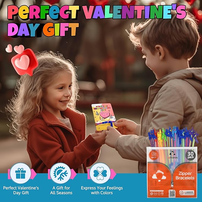 UpBrands 30 Valentine's Day Cards for Kids School & Fidget Zipper Bracelets Party Favors Toys, Bulk Valentine's Day Gifts for Kids, Classroom Exchange Gifts & Student Incentives
