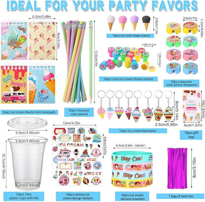 Colarr 161 Pcs Ice Cream Party Favors School Stationery Set Includes Gift Cup Notebook Pencil Sharpener Eraser Keychain Stamp Slap Bracelet Sticker Card Valentine's Day gift for Child Supplies