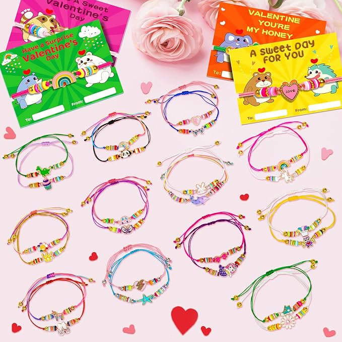Valentines Day Cards Gifts for Kids 24 Friendship Bracelets Dinosaur Unicorn Bracelets Adjustable Play Jewelry Little Girls Classroom School Exchange Prizes For Boys Students Toddlers Party Faovr Bags