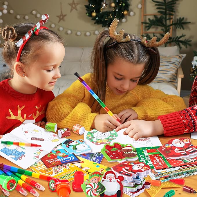 BenLouis Christmas Party Favors for Kids Christmas Classroom Gifts Prize Stockings Filler Coloring Books Bulk for Students Crafts Xmas Holiday School Goodie Bag Stuffer（48Set Christmas）