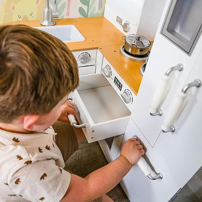 Sunnydaze Cozy Corner Interactive Play Kitchen Set for Kids - Wooden Kitchen Playset with Stainless Steel Accessories - White