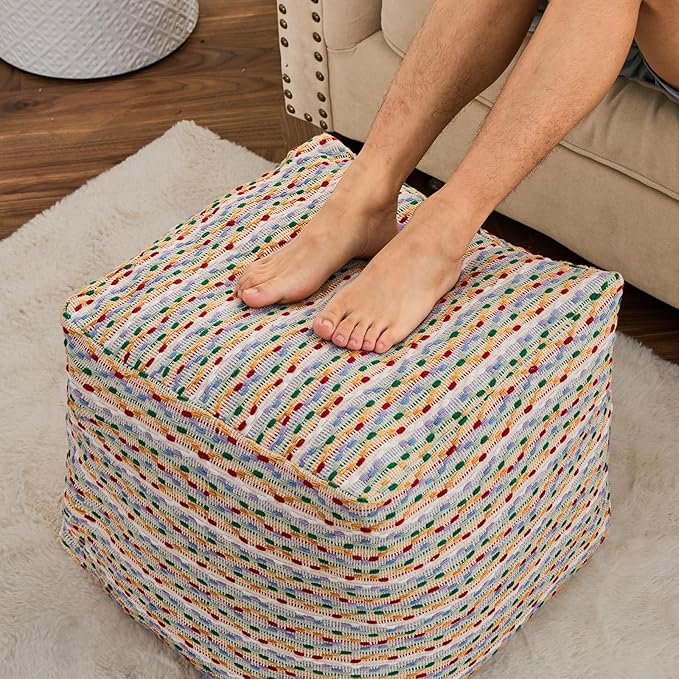 Unstuffed Pouf Ottoman Cover Storage Bean Bag Cube Foot Rest Footstool Floor Pillow Farmhouse Cushion for Living Room, Bedroom, Nursery, Kidsroom, Nook