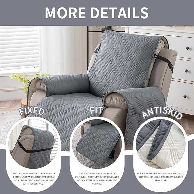 Easehomey 100% Waterproof Recliner Chair Covers, Non Slip Dog Chair Cover Furniture Protector Washable Chair Cover with Pocket, Elastic Straps for Kids,Pets,Dogs (Light Gray, 23.6")