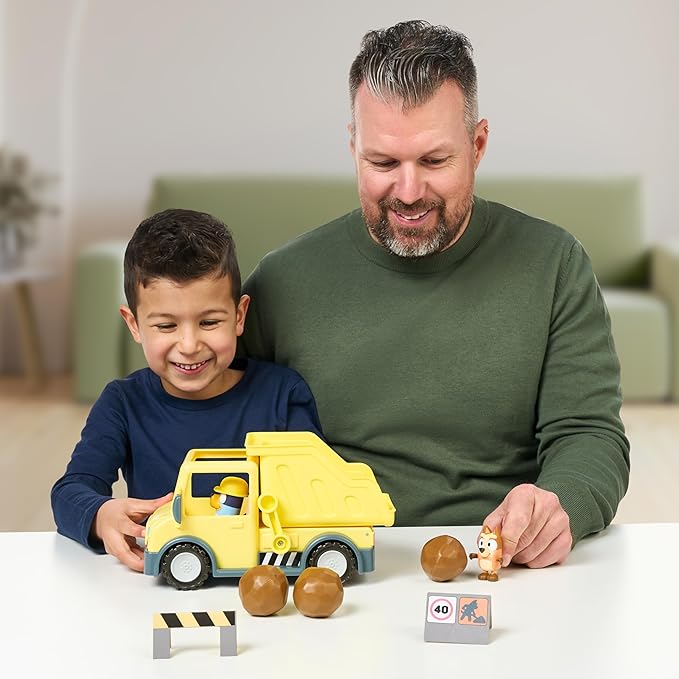 Bluey Dump Truck, with Load and Unload Feature, Get Some Work Done with Exclusive Hard-Hat and Muddy Bingo