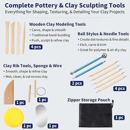 KMSUPERB Pottery Tools Kit with Batmate, 27PCS Clay Sculpting Tools Set, 12" Anti-Slip Pottery Wheel Bat Mat for Ceramics, Polymer Clay, Shaping, Trimming & Carving