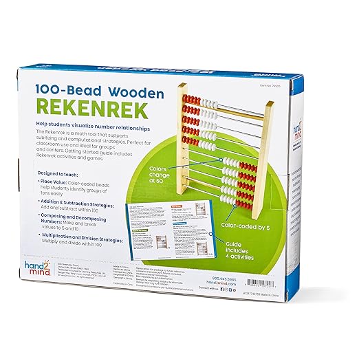 hand2mind 100 Bead Wooden Rekenrek, Abacus for Kids Math, Math Manipulatives Kindergarten, Counting Rack for Kids, Counters for Kids Math, Educational Toys for Elementary Kids (Set of 1)