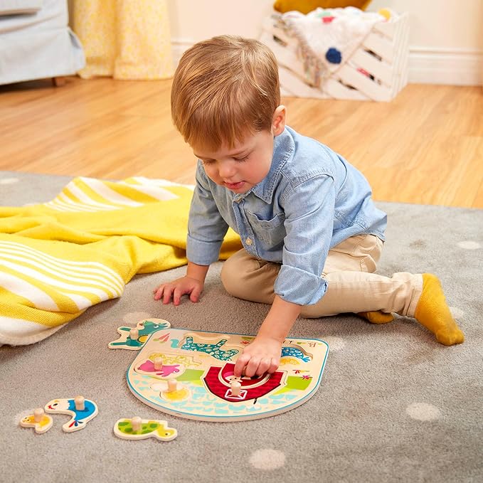 B. toys- Animal Barnyard- Wooden Peg Puzzle – Farm Puzzle – Animal Peg Puzzle for Toddlers, Kids – 8 Chunky Pieces – 18 Months +