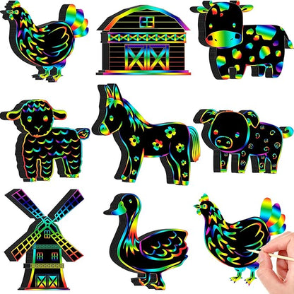 RoundFunny 80 Pcs Farm Animal Scratch Cards Farmhouse Crafts for Kids Colorful Scratch Paper Scratch Off Paper for DIY Art Kit with 80 Pcs Stick and Ribbon for Party Ornaments Favors
