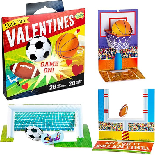 Peaceable Kingdom Valentines Cards for Kids Classroom, Set of 28 Valentines Day Gifts - Flick 'em Sports Games