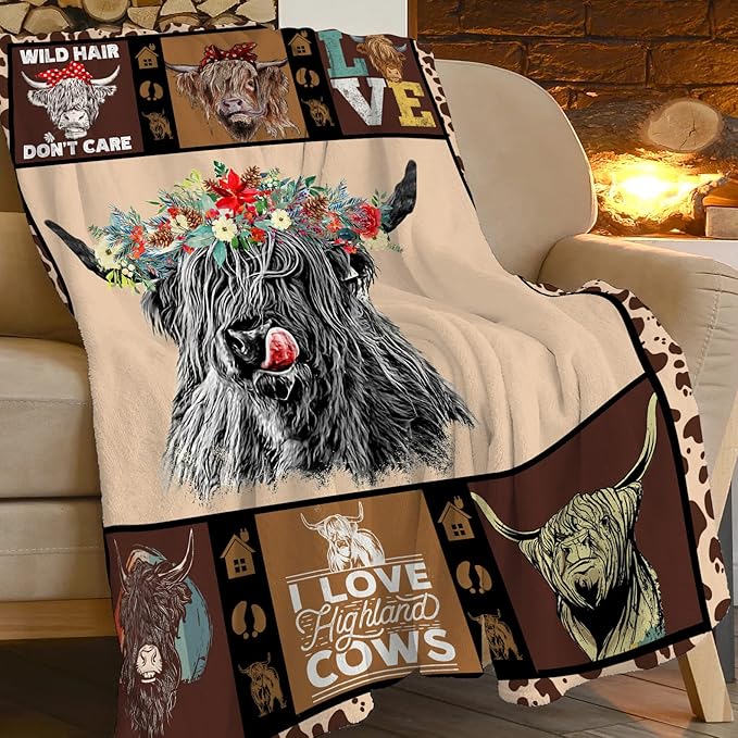 Highland Cow Throw Blanket Gifts for Women Adults Cattle Animal Print Ultra Soft Cozy Plush Fleece Warm Lightweight Living Room Couch Bed Dorm Chair Sofa Decor 40''X50''