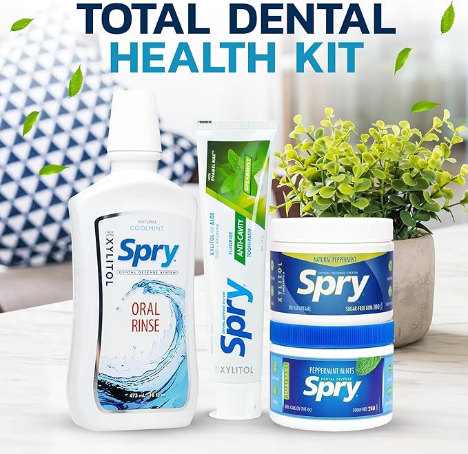 Spry Total Dental Health Kit, All Day Oral Care and Gum Health Kit Including Spry Xylitol Sugar Free Gum, Xylitol Sugar Free Candy Mints, Xylitol Oral Rinse and Spearmint Toothpaste with Xylitol