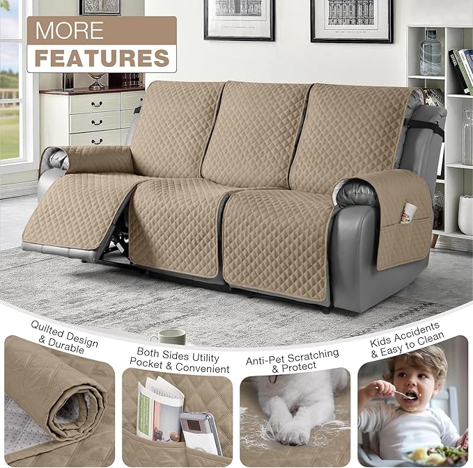 TAOCOCO Waterproof Recliner Couch Covers Sofa Slipcover for 3 Cushion Couch, Pet Sofa Cover for 3 Seat Recliner, Washable Reclining Sofa Cover Furniture Protector with Straps(3 Seater, Camel)