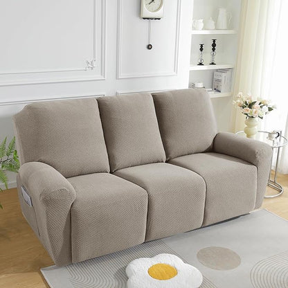 JIVINER 8-Piece Recliner Sofa Covers Stretch Jacquard Couch Covers for Recliner Slipcovers for Living Room 3 Cushion Soft Recliner Protector with Pocket (Sofa Recliner, Khaki)