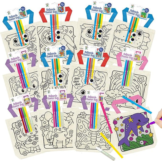 12 Pieces Kids Coloring Goodie Bags, Reusable Canvas Bag, Cute Art Party Favors, Color Your Own Bags for DIY Painting Birthday Carnival Celebration, Party Supplies Gift, Girls and Boys