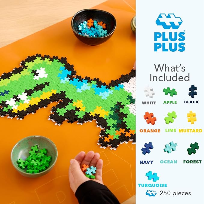 Plus Plus Puzzle by Number, 250 Piece Mini Interlocking Hashtag Color Blocks, 3D Pixel Art Kit for Kids - T-Rex