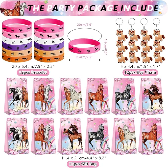 113 PCS Pink Horse Party Favors Set, 41 Horse Stickers, 12 Goodie Bags,12 Button Badges, 12 Keychains, 12mini notepads,12 rubber bracelets for Girl Women Cowgirl Horse Birthday Party Supplies (Pink)