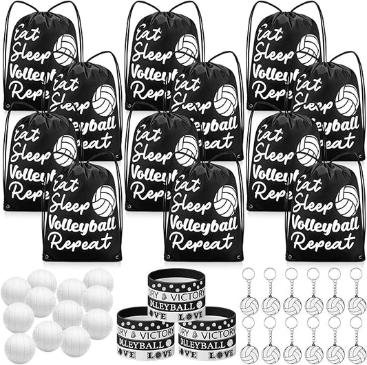 48 Pcs Volleyball Party Favors for Kids Include 12 Volleyball Drawstring Bags, 12 Volleyball Keychain, 12 Silicone Volleyball Bracelets, 12 Mini Stress Ball for Sports Birthday Supplies
