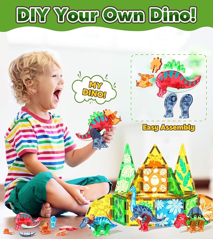 Magnetic Tiles Dinosaurs Magnet Building Blocks Toys for Kids Ages 3-5 4-8 8-12 Creative Animals Educational Stack Tile Construction for Boys Girls Toddlers 5-7 Year Old to STEM Learning