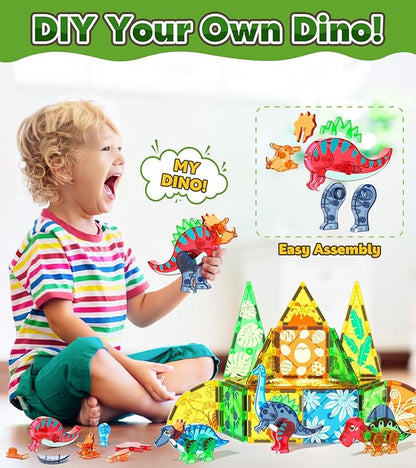 Magnetic Tiles Dinosaurs Magnet Building Blocks Toys for Kids Ages 3-5 4-8 8-12 Creative Animals Educational Stack Tile Construction for Boys Girls Toddlers 5-7 Year Old to STEM Learning