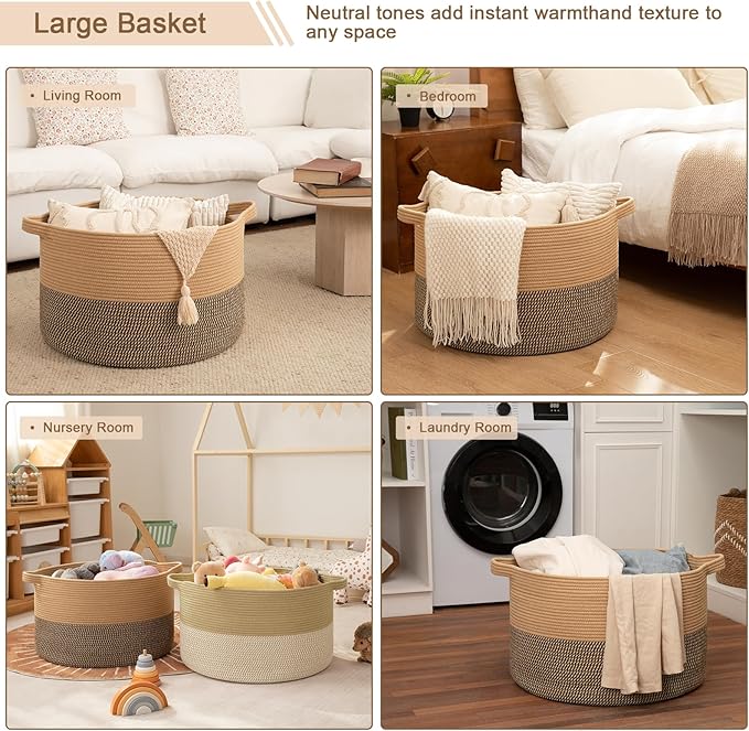 OIAHOMY 90L XXXLarge Blanket Basket for Living Room, 21.7" x 13.8" Woven Cotton Rope Laundry Basket for Organizing Pillows, Decorative Stuffed Animal Toy Storage Bin for Nursery, Jute and Black