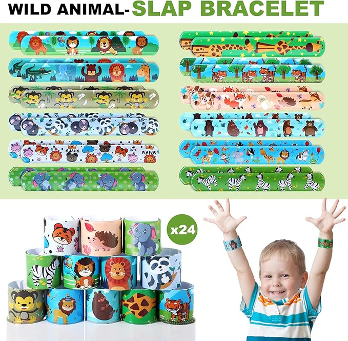 Fumete 121 Pcs Jungle Safari Party Favors Birthday Supplies for Boys Girls Include Jungle Animal Slap Bracelets Keychains Temporary Tattoos Animal Sticker Roll White Organza Bags and Thank You Tag