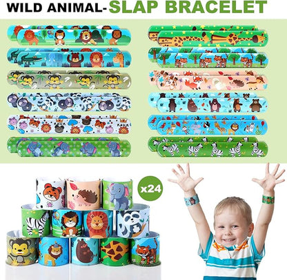 Fumete 121 Pcs Jungle Safari Party Favors Birthday Supplies for Boys Girls Include Jungle Animal Slap Bracelets Keychains Temporary Tattoos Animal Sticker Roll White Organza Bags and Thank You Tag