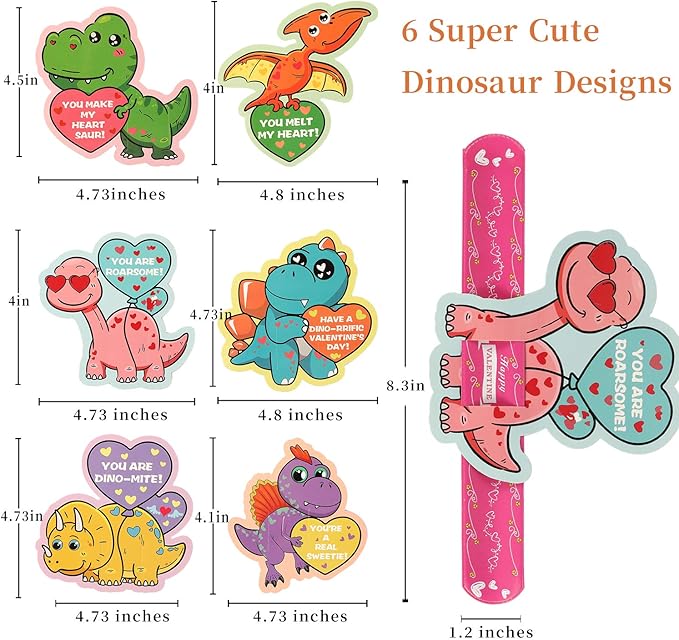 Mibor Valentines Day Cards for Kids - 30 Pcs Dinosaur Gift Cards + 30 Pack Slap Bracelets for Valentines Party Favors, Valentines Day Cards for Kids Party Decorations, Valentines Gift Snap Bracelets