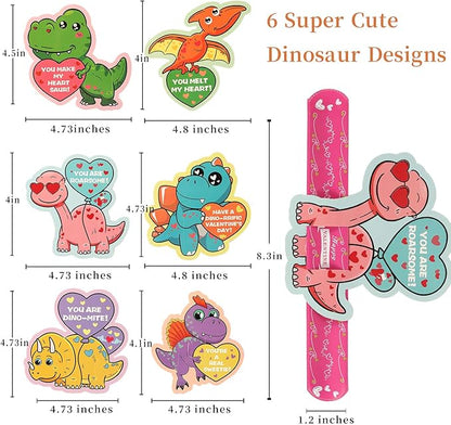 Mibor Valentines Day Cards for Kids - 30 Pcs Dinosaur Gift Cards + 30 Pack Slap Bracelets for Valentines Party Favors, Valentines Day Cards for Kids Party Decorations, Valentines Gift Snap Bracelets