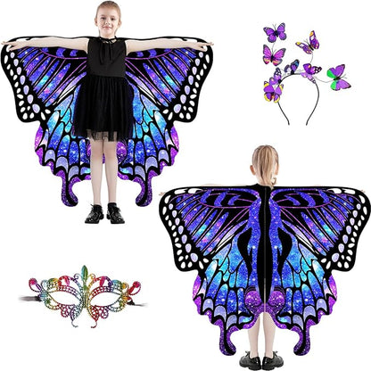 Butterfly Wings For Girls, Double-Sided Fairy Wings, Halloween Costumes for Kids, 3PCS Butterfly Cape Set.