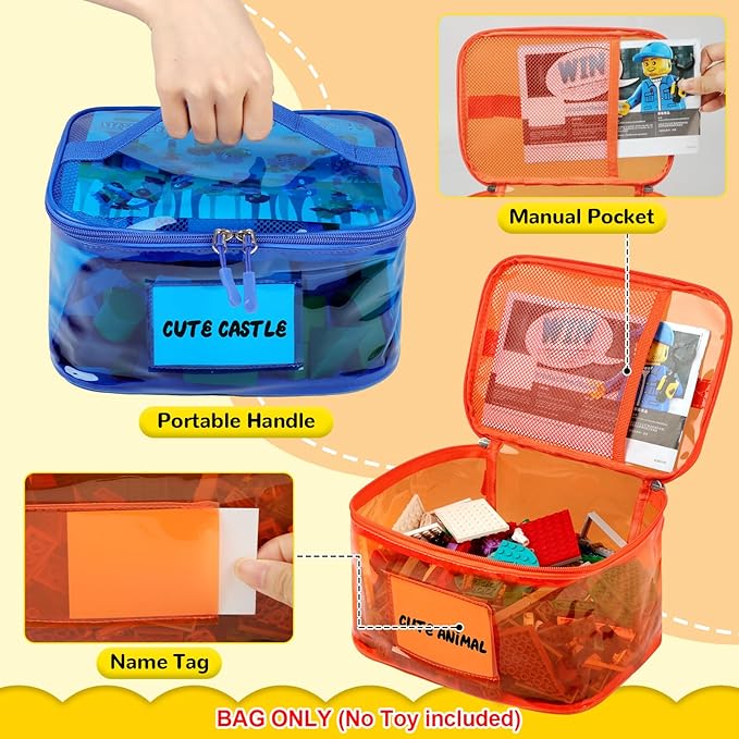 Tesuko 6 Pack Clear Toy Storage Bag with Name Tag& Manual Pocket, Waterproof Transparent PVC Toy Organizer Case for Lego Bricks, Board Games, Building Blocks, Puzzles (Large Capacity, Full Colourful)