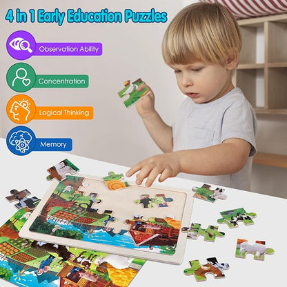 Jigsaw Puzzles Wooden Puzzles for Kids Ages 3-5 Preschool Educational Brain Teaser Boards Toddlers Toys Dinosaur Farm Zoo Sea World Gifts for 3 4 5 6 Year Old Boys Girls 4 Packs 24 Pcs