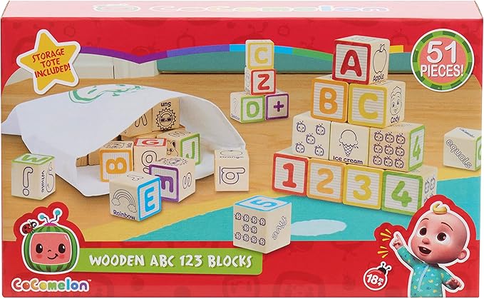 CoComelon 51-Piece Classic ABC Wooden Block Set, Preschool Building Toys, Learning and Education, Officially Licensed Kids Toys for Ages 18 Month, Amazon Exclusive