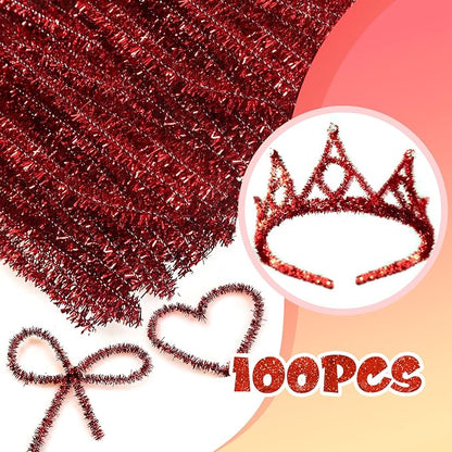 TOAOB 100pcs Christmas Glitter Pipe Cleaners Red Metallic Pipe Cleaners Craft Supplies 6mm x 12 Inch Chenille Stems Pipe Cleaners for Art DIY Crafts Decorations