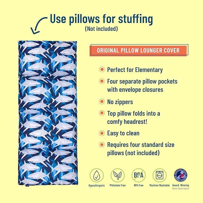 Wildkin Kids Floor Lounger: Ideal for Boys and Girls, Travel-Friendly, Perfect for Sleepovers - Pillow Lounger for Kids, Requires Standard Size Pillows Not Included (Sharks)