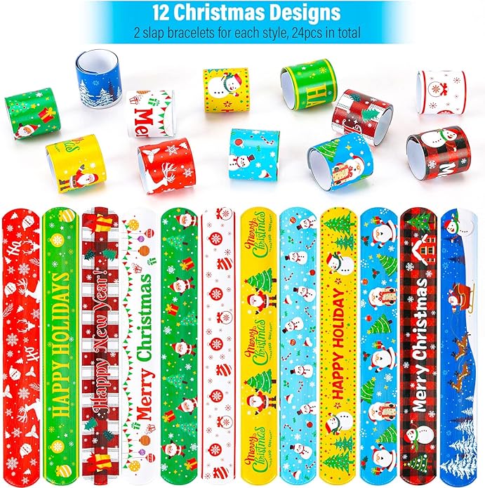 Mibor 48Pcs Christmas Slap Bracelets Christmas Silicone Bracelets, Christmas Classroom Gifts, Xmas Slap Wristbands Rubber Wristbands for Kids Girls Boys Christmas Party Favors Stocking Stuffers Gifts