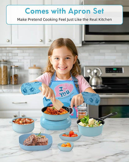 Kids Cooking Set Real for Ages 8-12, Real Mini Kitchen Tools with Stove Burner & Safe Knife, Montessori Cooking Toys for Boys & Girls, Easy Beginner Cooking Gift – Blue