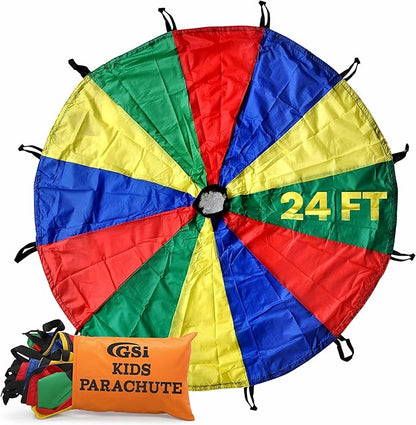 GSi Kids Play Parachute Rainbow Parachute Toy Tent Game for Children Gymnastics Cooperative Play and Outdoor Playground Activities (24 Feet)