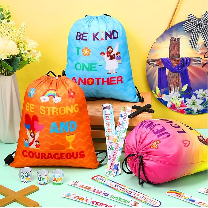 Frienda 10 Sets Christian Gift Bags Bulk Bible Verse Drawstring Bags with Jesus Slap Bracelets Religious Party Favors Gifts Jesus Loves You for Sunday School Classroom Prizes Party Supplies(Stylish)