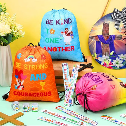 Frienda 10 Sets Christian Gift Bags Bulk Bible Verse Drawstring Bags with Jesus Slap Bracelets Religious Party Favors Gifts Jesus Loves You for Sunday School Classroom Prizes Party Supplies(Stylish)