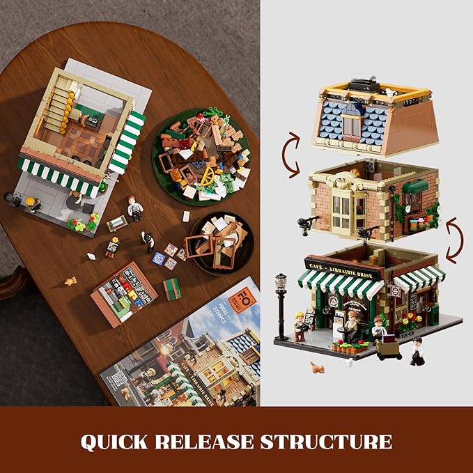 Funwhole Book-Cafe Lighting Building-Bricks Set - City Town Coffee House LED Light Modular Construction Building Model Sets 1718 Pcs for Adults and Teen