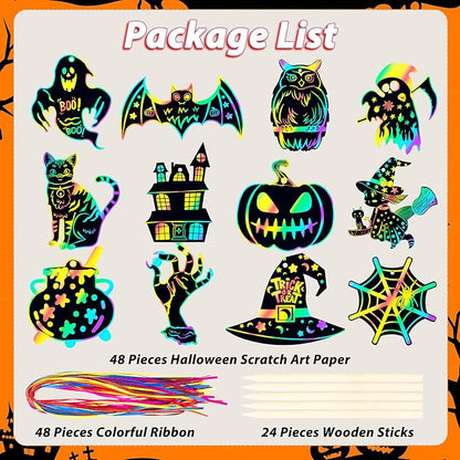 Halloween Scratch Paper Art Set - 48 Pcs Halloween 12 Design Magic Rainbow Scratch Off Cards for Kids, Hanging Ornaments for Halloween Party Favors Activities