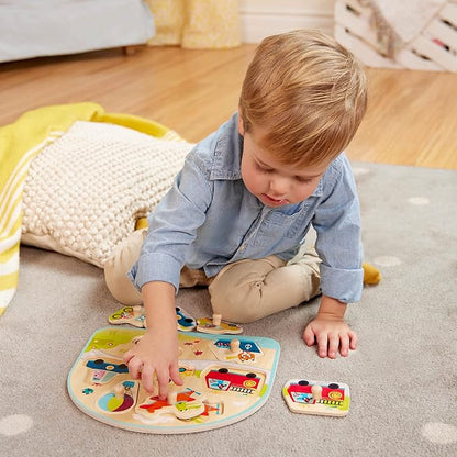 B. toys- Vehicles On The Go!- Wooden Peg Puzzle – Educational Puzzle – Vehicles Peg Puzzle for Toddlers, Kids – 7 Chunky Pieces – 18 Months +