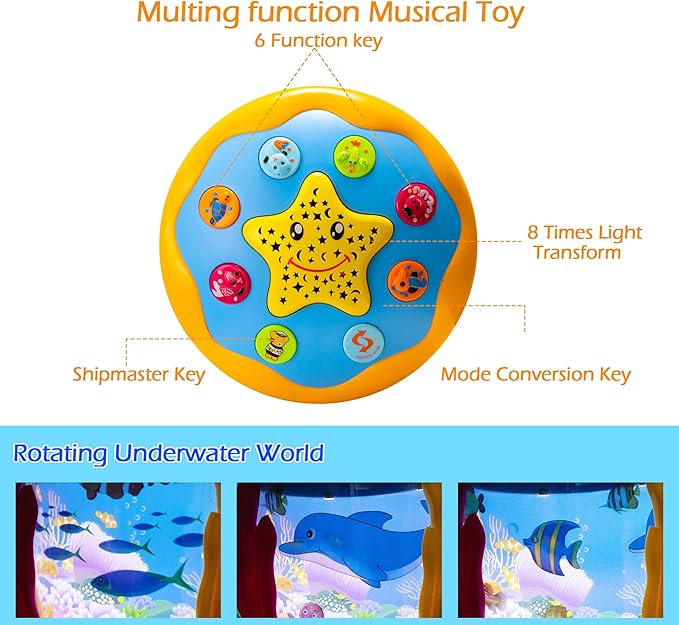 Baby Toys 6 to 12 Months Musical Light Up Tummy Time Infant Toys 3-6 7 8 9 12-18 Months Crawling Ocean Rotating Projector Baby Gifts for 1 2 3 Year Old Boy Girl Birthday Toddlers Kids