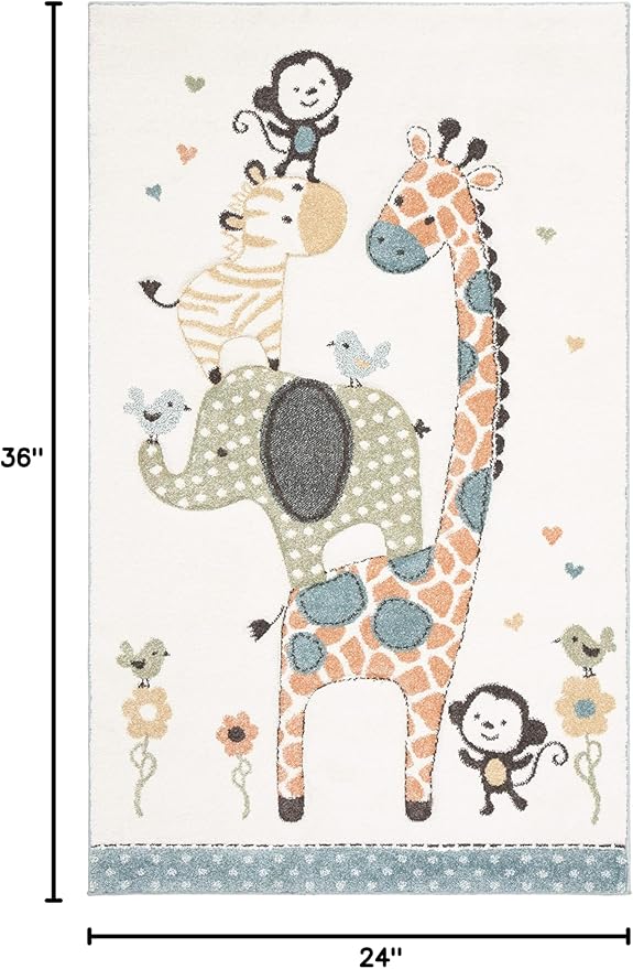 SAFAVIEH Carousel Kids Collection Accent Rug - 2' x 3', Ivory, Animal Design, Non-Shedding & Easy Care, Ideal for High Traffic Areas for Boys & Girls in Playroom, Nursery, Bedroom (CRK120A)