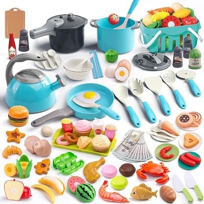 130Pcs Kitchen Playset, Toddler Pretend Cooking Play Pots, Pans, Utensils Cookware, Daily Food Fruit Veges, Shopping Storage Basket, Dessert, Prop Money, Learning Gift for Child (Turquoise)