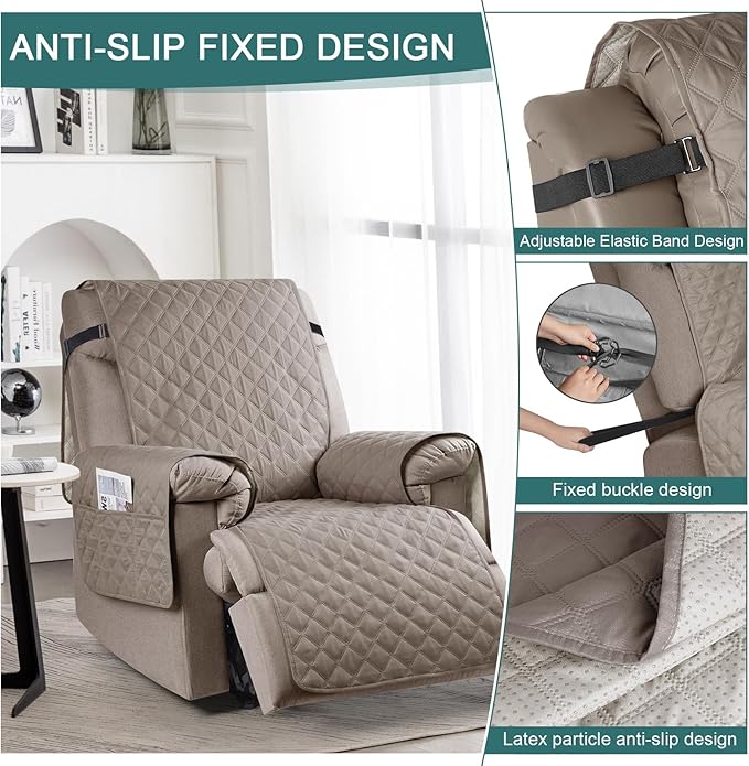 Ruaozz 100% Waterproof Recliner Chair Cover Non-Slip Reclining Cover for Recliner Chair Washable Chair Seat Cover with Elastic Straps for Kids, Dogs, Pets (Pale Brown, 23'')